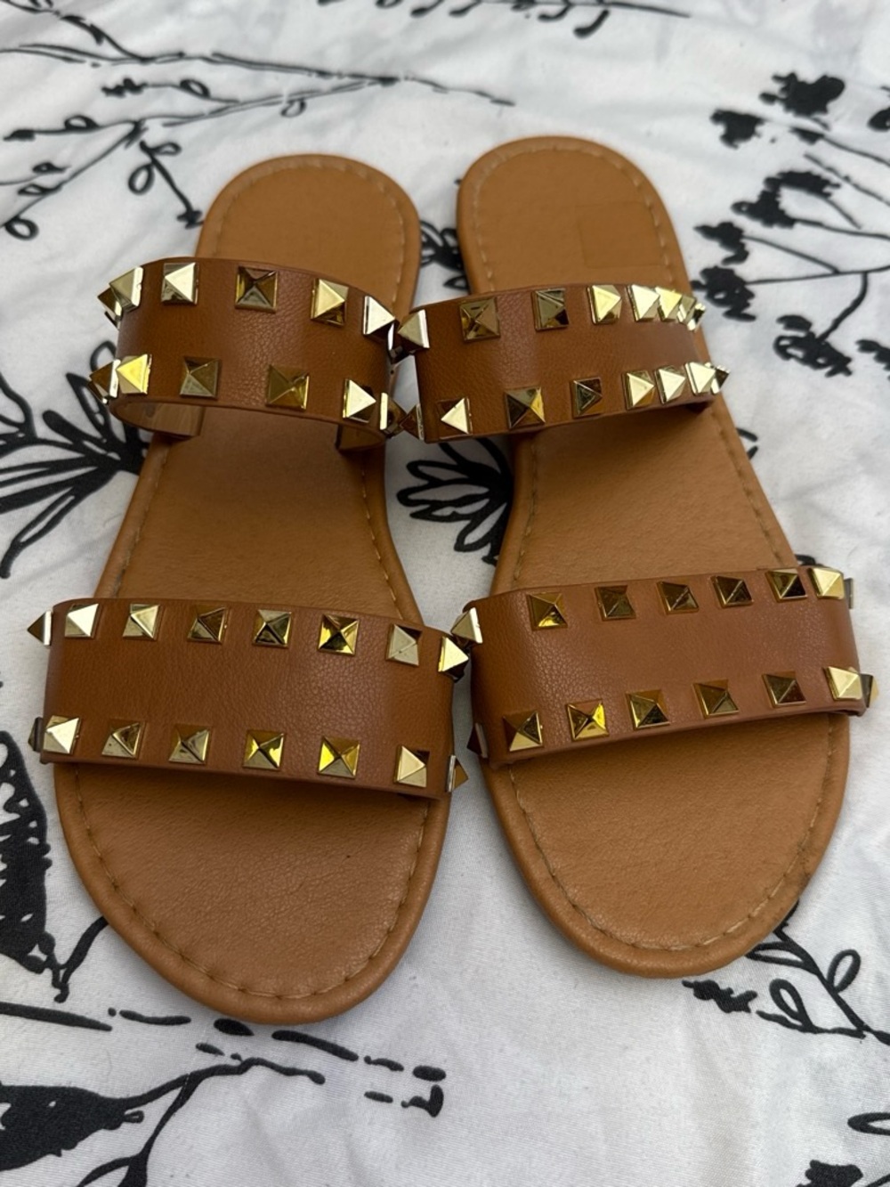 SHEIN Brown Double-Strap Slide Sandals with Gold Studs